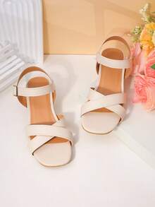 1 Pair, Girls' Sandals, Minimalist Crisscross Strap + Clear Block Heel Design, Soft Faux Leather, Breathable, Non-Slip & Comfortable, Open-Toe Low-Top Adjustable Buckle Ankle Strap, Clear Block Heel, Elegant Little Lady Style, Girls' Birthday Parties / Summer Dressy Outfits - Apricot - View 4