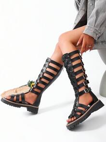 1 Pair Women's Hollow Out Breathable Boots, Street Style High-Top Boots Boots. Essential For Punk Rock Music Festival Outfits, Ladies Boots Boots - Black - View 3