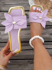 New Arrival Women's Sandals, Flat Square Toe Design With Bow Accent, Lightweight & Comfortable, Mix-And-Match , Slip-On, Casual Vacation Beach Slippers - Mauve Purple - View 2