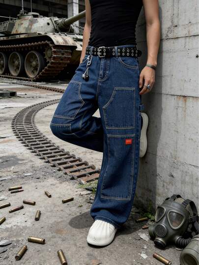 男士时尚街头风拼接装饰直筒宽松阔腿牛仔裤，多口袋工装牛仔裤