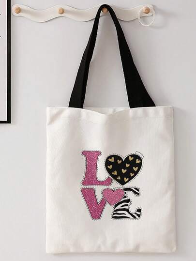 Valentine's Day Fun Pattern Shoulder Bag Printing Leisure Travel Handbag Beach Large Capacity Reusable Women's Leisure Shoulder Bag Large Capacity Canvas Beach Shopping Bag Printing Women's Shopping Shoulderbag Back To School Supplies Back To School Discount Classroom Shell
