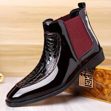 Men's Fashionable Business Chelsea Boots With Pressed Crocodile Texture Design, Elastic Band Ankle Dress Boots, Business Party Pointed Low Heel Fashion Footwear - 棕色 - 查看 1