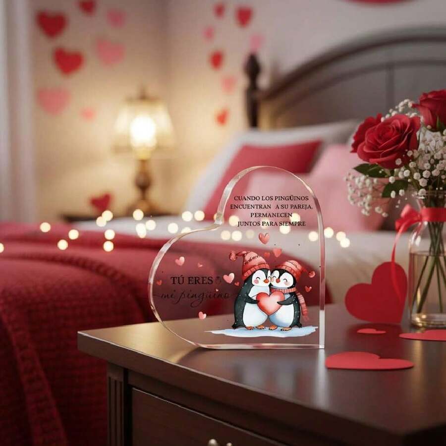 San Valentin Decoracion, Placa Acrílica Corazón 'Tú Eres Mi Pingüino', Regalos Románticos para San Valentín, El Regalo Perfecto para tu ser Querido en Navidad y Aniversarios (13cm x 13cm),40873560 - Multicolor - Ver 1