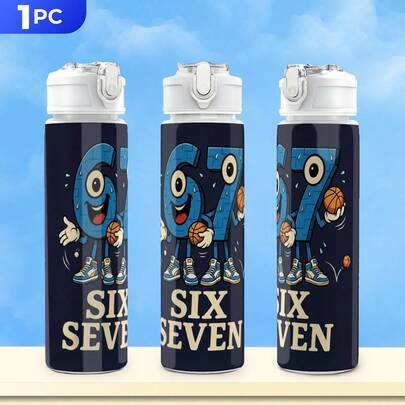 1pc 750ml/26oz Black Background Numeric 7_67_6 Design Plastic Sports Water Bottle, Cute Print, Leak-Proof Bounce Cap, Lightweight , Large Capacity