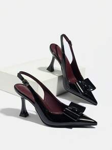 2026新款金属扣防滑红底尖头不对称高跟女鞋，弹性后跟闭趾优雅女士运动鞋 - 黑色 - 查看 7