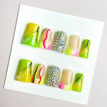 Sellora 10 PCS Handmade Acrylic Duckbill Press-On Nails | Fluorescent Color-Block Art Nails With Full Rhinestones For Dazzling Personalized Looks - 彩色 - 查看 8