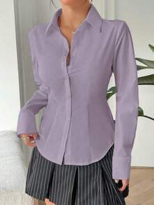 Women's Long Sleeve Polyester Button-Up Shirt, Collared, Regular Length Spring - Mauve Purple - View 4