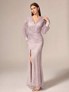 VIPGIRL Elegant Women's Long Lace Gown With Deep V Neck And Long Raglan Sleeves Formal Dress - Dusty Pink - View 6