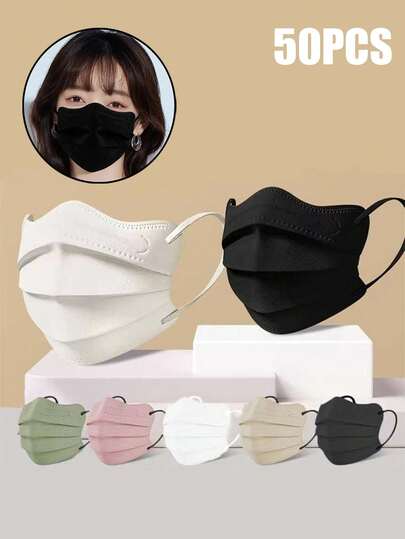 50pcs 3-Ply Disposable Face Masks, Multi-Color Options, Made Of Breathable Non-Woven Fabric, Soft Ear Loops Design, Skin-Friendly & Comfortable, Suitable For Adults Daily Commute, Outdoor Activities, Dust & Pollen Protection, Available In Fashionable Black/White/Beige/Pink/Green