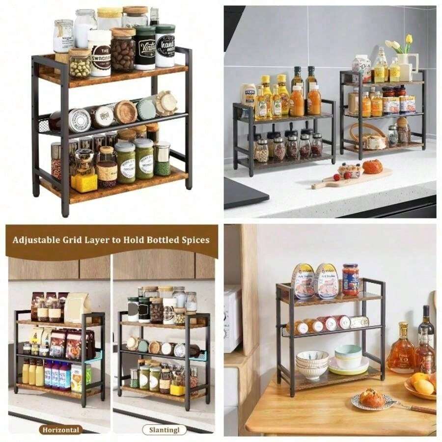 3 - Tier Spice Rack - Industrial Counter Shelf, Desktop Storage Organizer, Standing Seasoning Rack Countertop Kitchen, Office, Living Room, Rustic Brown TLJ021H - 3-tier + Rustic Brown - View 1