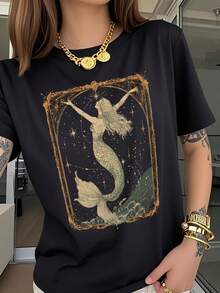 Mermaid Spring And Summer Graphic Print T-Shirt Short Sleeve Crew Neck Casual Top For Summer Spring Women Clothing - 黑色 - 查看 1