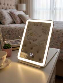 Espejo LED Recargable Viaje Iluminación Ajustable Luz Fría Cálida Plegable Compacto Maquillaje Tocador Portátil - Blanco - Ver 1