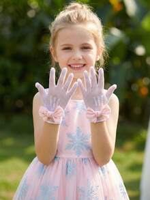 1 Pair Children's Elastic Mesh Gloves With Silk Bow, Suitable For 4-12 Years Old, White - 1Pair - View 5