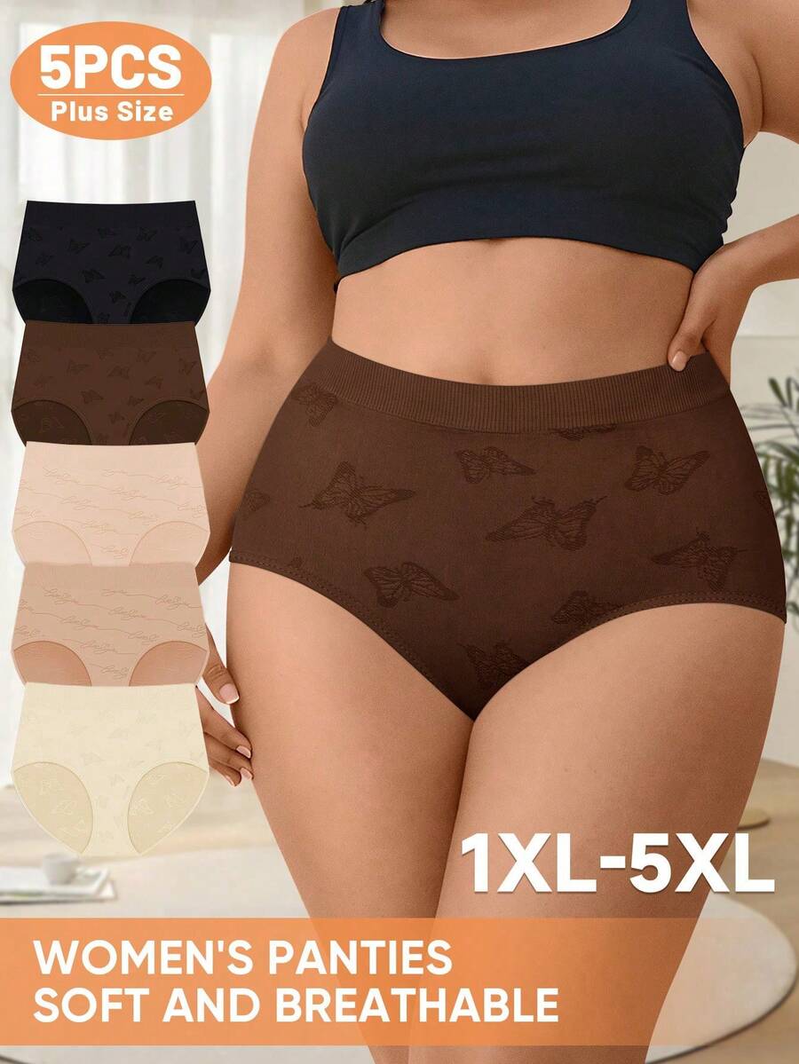 5pcs/Pack Plus Size Women's Printed Soft Breathable Mid-Waist Sexy Bikini Panties - 彩色 - 查看 1