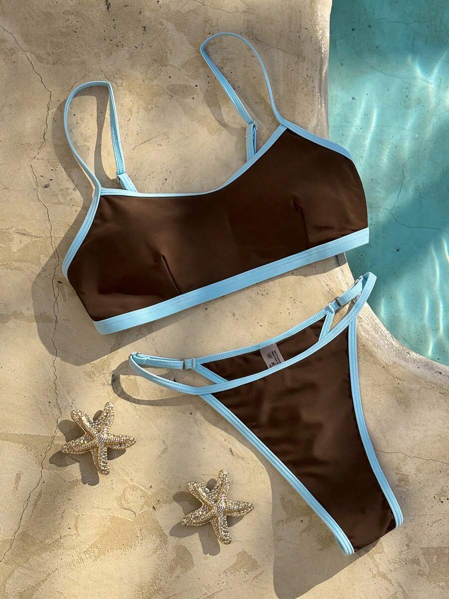 女士比基尼泳装，棕色和蓝色沙滩套装泳衣运动露脐上衣吊带背心坦克尼撞色时尚套装/外出装/生日装/休闲装/Y2K/2000年代/千禧年装/优雅装/老钱风/街头风/度假装/音乐节沙滩装夏季 - 棕色 - 查看 1