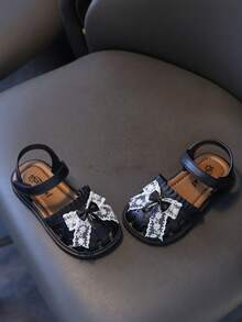 Cute Rhinestone Bow Open Toe Girls Sandals, Breathable Beach Holiday Shoes - Black - View 5