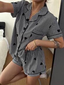 Women Ruffled Stripe Heart Print 2 Piece Pajama Set - Short Sleeve Buttoned Collar Top And Pants, Soft Sleepwear, Machine Washable, Suitable For Outerwear, Summer - Black and White - View 3