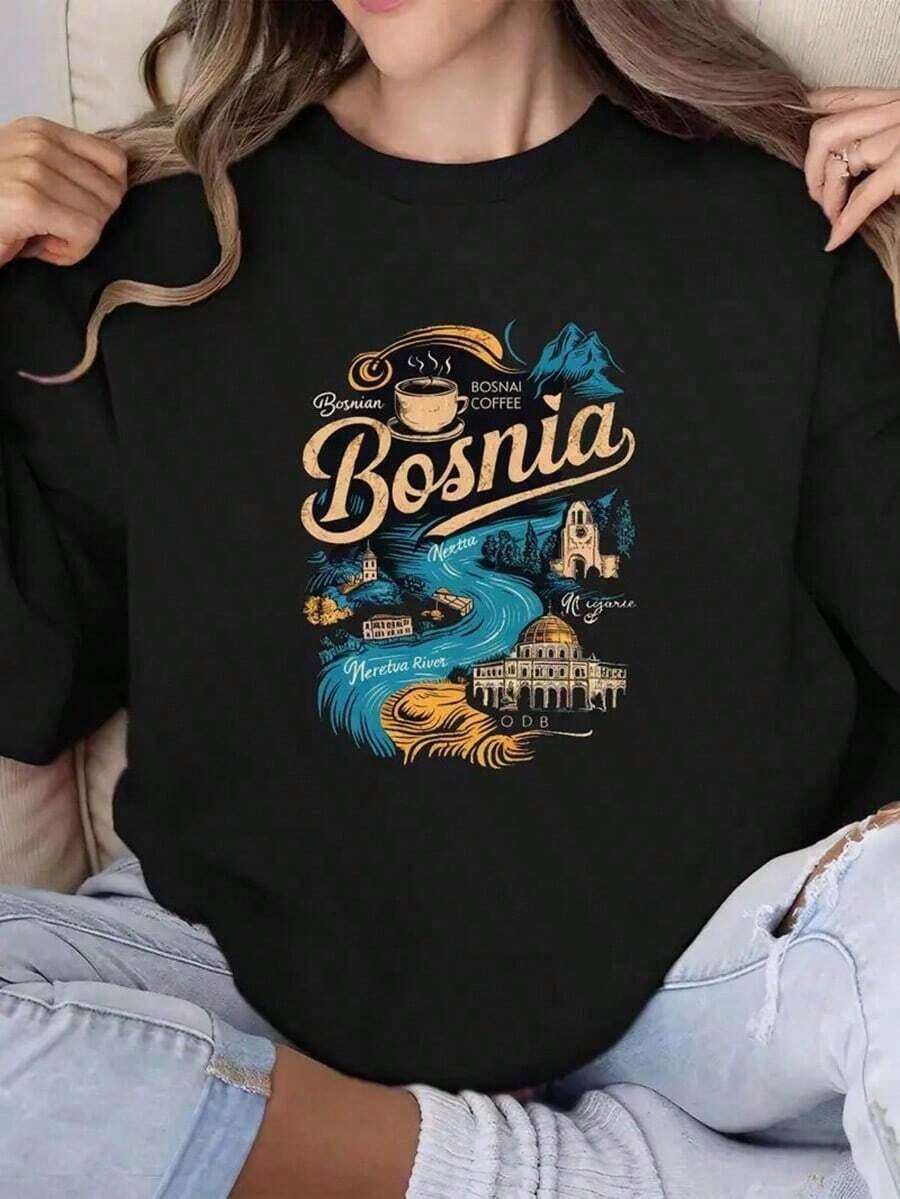 Wowomen's Bosnia Vintage Graphic Crew Neck Sweatshirt - Non-Stretchy Casual Pullover With Cultural Landmark Design,Fall Hoodies,Wowomen's Fall Clothes,Street Wear,Halloween,Wowomens Hoodies,Y2k Clothes,Jesus Hoodie,Thanksgiving Day,Nightmare Before Christmas,Christmas - Black - View 1