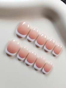 10pcs Pink Cat Eye French Manicure Nail Stickers, Minimalist & Cute Daily Wear Nail Art Set, Long Trapezoid False Nails, Suitable For Women, Girls And DIY Nail Art Enthusiasts - Baby Pink - View 1