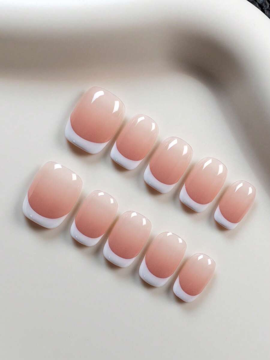 10pcs Pink Cat Eye French Manicure Nail Stickers, Minimalist & Cute Daily Wear Nail Art Set, Long Trapezoid False Nails, Suitable For Women, Girls And DIY Nail Art Enthusiasts - Baby Pink - View 1