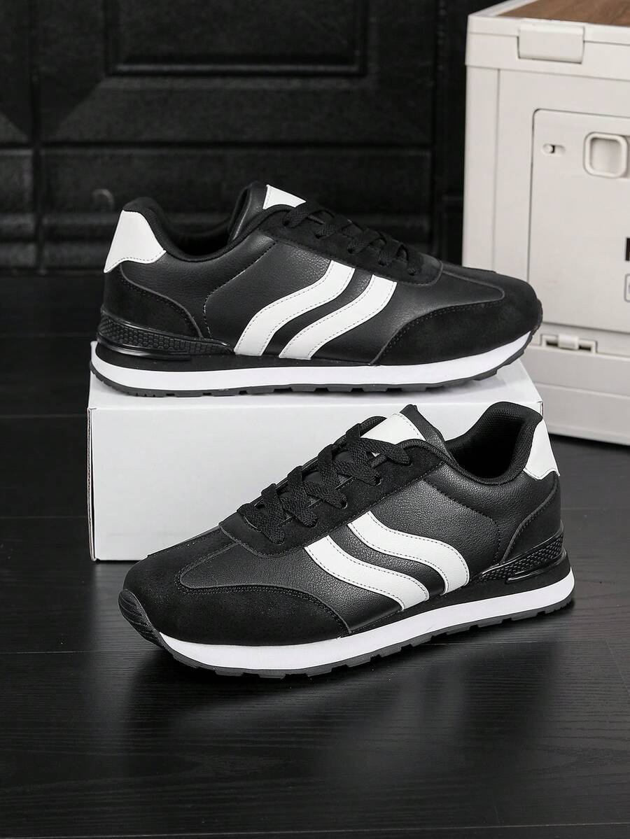 Men's Casual Shoes Retro Running Shoes, Black & White Low-Top Lace-Up Sneakers, Streetwear, Non-Slip & Durable, PU Leather, Lightweight & Soft, Minimalist Streetstyle, Birthday Gift - Black and White - View 1