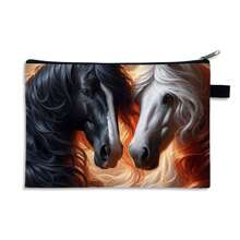 Black & White Horse Pattern Filled Bag, White Horse Animal Lover Style, Fashionable And Casual, Large Capacity, Portable Zipper Polyester Cosmetic Bag, Office Storage Bag, Running Horse Pattern Travel And Holiday Essential Cosmetic Bag, Suitable For Travel, Daily Use - Multicolor - View 8