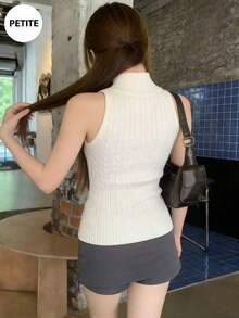 法式高领白色吊带背心，修身针织上衣，设计细节精美，春季款 - 杏色 - 查看 9