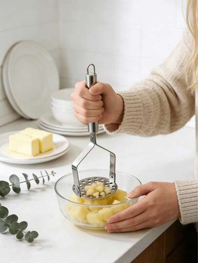 1pc Stainless Steel Potato Masher - Manual Handheld Kitchen Ricer Tool For Vegetables, Fruits, Non-Electric Cookware - Durable Multipurpose Crusher For Home And School, Suitable For Potatoes, Sweet Potatoes, Eggs, Avocados And More, Kitchen Essential