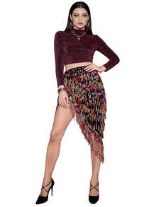Sequin Belly Dance Skirt, Fringed Belly Dance Hip Scarf, Festival Costume, Women's Latin Dance Skirt With Sequin Fringed Hip Scarf, Halloween - Multicolor - View 3