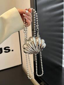 1pc Mini Shell Shaped Bag, Women's Summer New Chain Crossbody Asymmetric Bag, Mini Evening Handbag, Fashion One Shoulder Messenger Bag, Elegant Coin Purse, Lipstick Pouch, Earphone Case, Gift For Women On Valentine's Day, Silver, Gold Coin Purse, Mini Evening Bag, Women Bag - Silver - View 8
