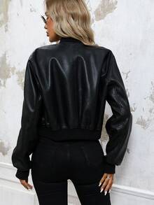 Women's Faux Leather Baseball Jacket, Casual Street Style Outerwear - Black - View 8