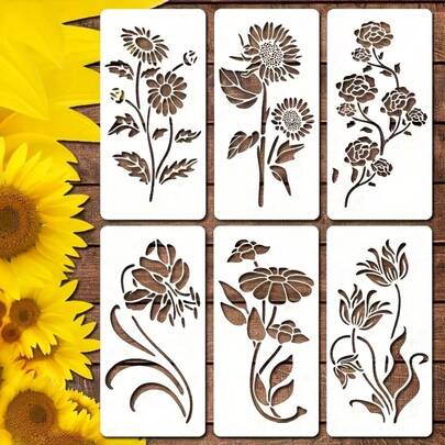 Set de 6 plantillas florales, que incluyen crisantemo, girasol, rosa, campanilla, loto, lirio. Plantillas de pintura reutilizables para azulejos, libros, manualidades de decoración del hogar