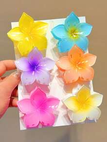 6个装女士五瓣花发夹，时尚沙滩度假风发爪，适合日常使用 - 彩色 - 查看 8