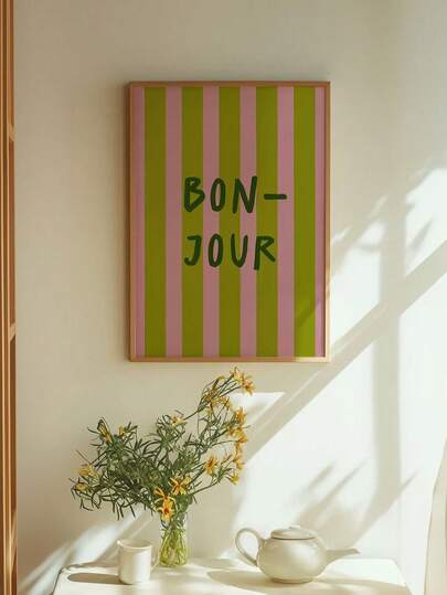 1pc Unframed Bonjour Print,Pink Green Striped Poster Background,Bedroom Art Print,Modern Home Decor,Typography Art, French Quote Poster