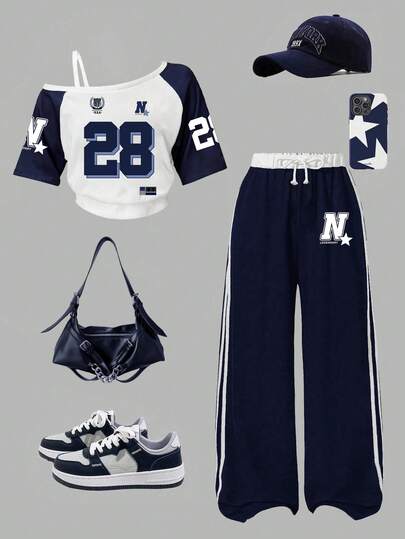 Youth Girl Numeric Print Oblique Shoulder Short Sleeve Top And Pants Set