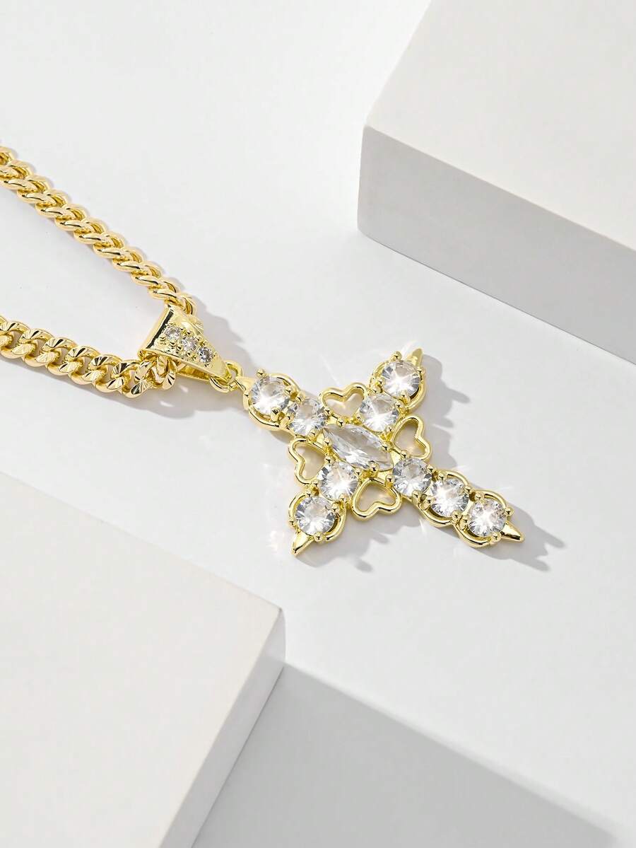 1件欧美经典铜镶嵌锆石十字架吊坠项链，限量版嘻哈风格守护之光，适合作为圣诞节/感恩节/万圣节/母亲节/情人节礼物送给情侣/朋友/教父母，也适合天主教初领圣体、日常及节日佩戴祈祷。 - 金黃色 - 查看 1