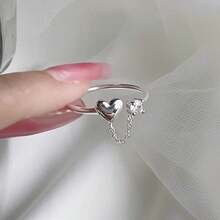 1枚极简奢华锆石心形链戒指 - 復古銀色 - 查看 3