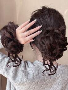 2pcs Synthetic Fiber Fluffy Bun Scrunchies, Braided Elastic Hair Accessories, Synthetic Curly Ponytail For Women - Dark Brown - View 6