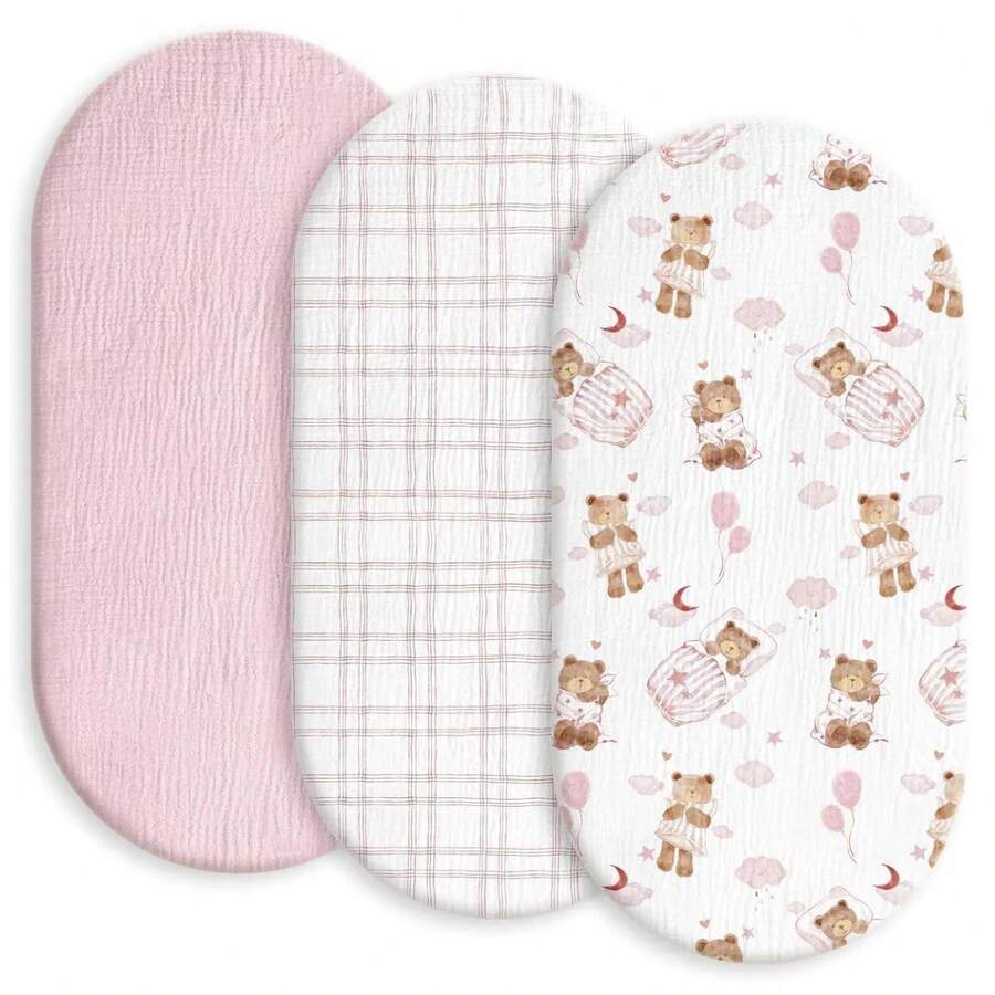 婴儿棉纱布床单，透气弹力舒适贴身棉纱布婴儿床垫床单，男女宝宝通用，适用于椭圆形、长方形摇篮垫，尺寸 33 英寸 x 17 英寸 - 彩色 - 查看 1