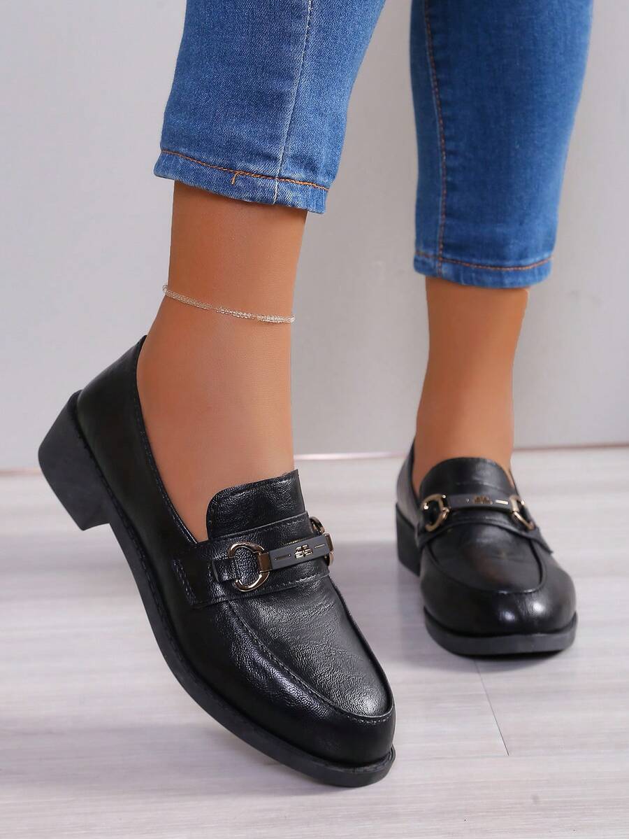 女士时尚金属扣低帮粗跟中跟黑色玛丽珍乐福鞋 - 黑色 - 查看 1