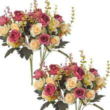 2 piezas/1 pieza Ramo de rosas azules artificiales de 13 pulgadas con hojas de eucalipto, decoración de otoño, flores falsas, relleno de jarrón, decoración de boda en el hogar, jardín al aire libre, corona DIY para sala de estar, suministros para el hogar - Color de pasta de frijol - Ver 3