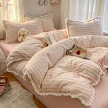 3pcs Soft & Comfortable Linen-Like Fabric Bedding Set (1*Duvet Cover + 2*Pillowcases, Excluding Filler), Featuring Stripe, Bow, Pom-Pom Designs, Suitable For Bedroom, Guest Room, Dorm, Machine Washable - Pink Striped Bow - View 3