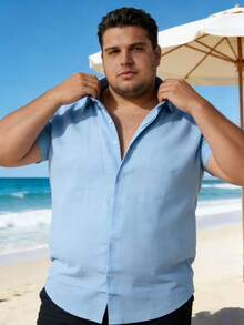 Plus Size Men's Short Sleeve Shirt, Classic Outdoor Hidden Button Design, Casual Solid Color Lapel Shirt, Outdoor Fashion Shirt Top - Baby Blue - View 2
