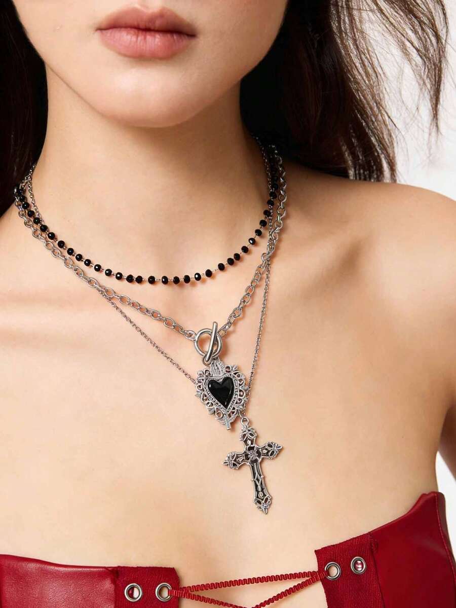 3件套哥特复古朋克风黑色爱心、黑色串珠、十字架吊坠项链套装，女士礼物，Y2K风格项链，情人节礼物 - 黑色 - 查看 1