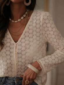 V领纹理针织纽扣前开襟衬衫 - 杏色 - 查看 4