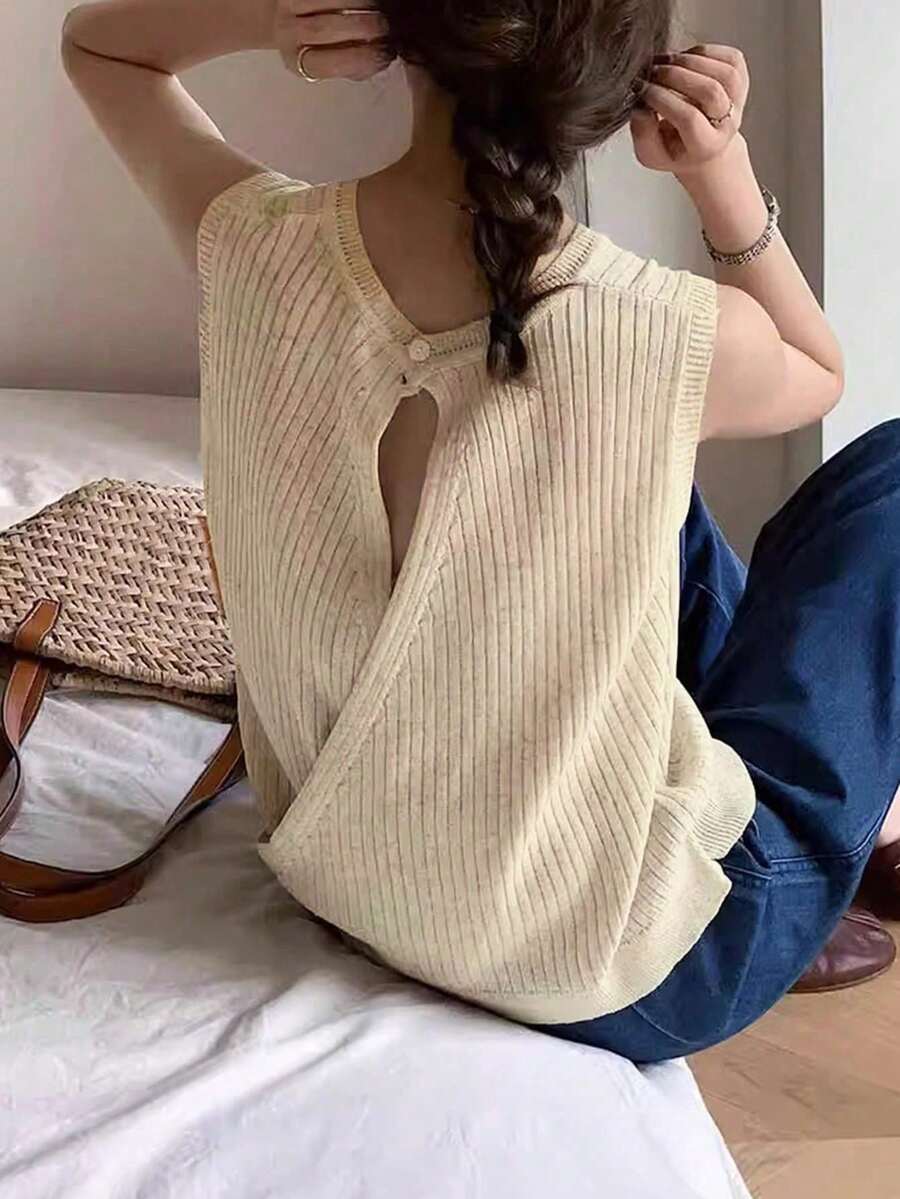 女士无袖露脐上衣,独特设计,夏季休闲款 - 杏色 - 查看 1
