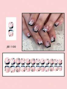 24片装夏季美甲套装，短款方形按压式美甲，简约法式风格，黑色法式线条花瓣，白色花朵图案设计。采用欧洲进口甜美亚克力假指甲。裸色亮泽假指甲，适合女士约会、日常佩戴及其他场合。美甲产品，亚克力美甲，方形假指甲，美甲装饰！ - 黑色 - 查看 2