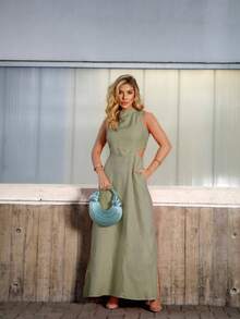 Women's Long Tailored Dress, High Neck, Side Slit, Side Opening Detail, Comfortable, With Pockets, Elegant - Màu xanh Bạc hà - Xem 2