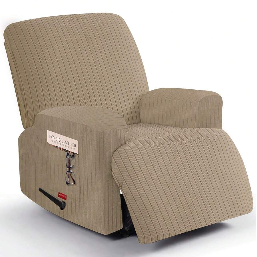 3 Pieces Stretch Recliner Chair Covers - Striped Pattern Slipcovers & Durable Furniture Protectors For Kids And Pets (1 Seater, Khaki) - 淺卡其 - 查看 1