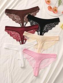 6 Pcs Lace Patchwork Ribbed Fabric Cotton Thong Panties Lingerie Woman - Multicolor - View 5